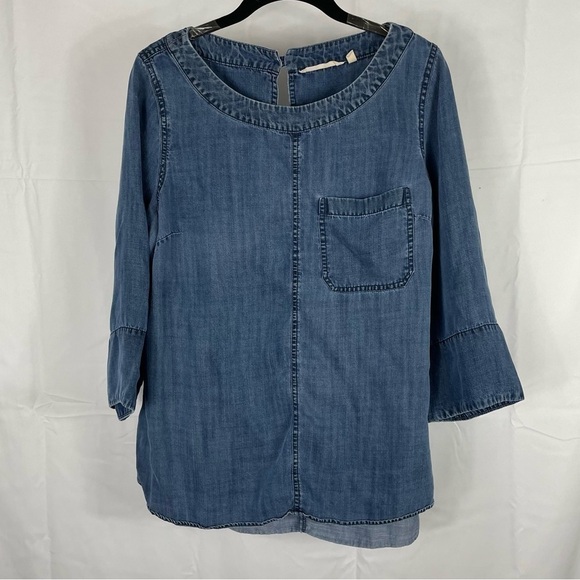 Soft Surroundings Tunic Georgica Round Hem Bell Sleeve 100% Tencel Chambray Top - Picture 1 of 11